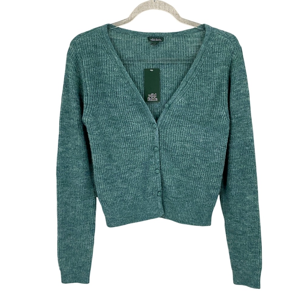 Wild Fable Cardigan Womens S Teal Knit V-Neck Cropped Boho Grannycore Comfy